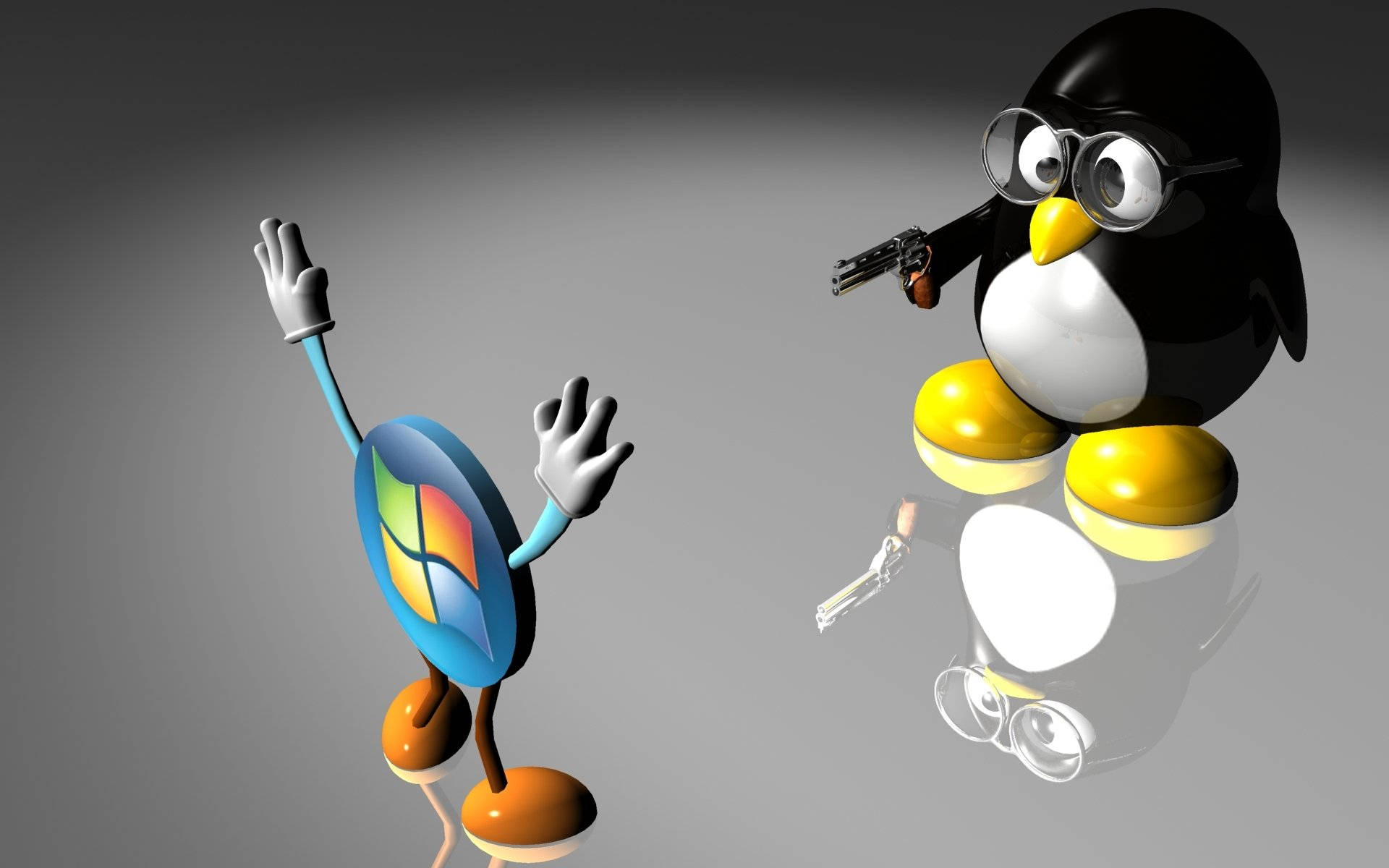 Linux 企鵝對抗 Windows 壁紙 — 一隻戴眼鏡的3D渲染企鵝拿著槍，面對一個揮手的Windows標誌角色，站在灰色反光表面上。