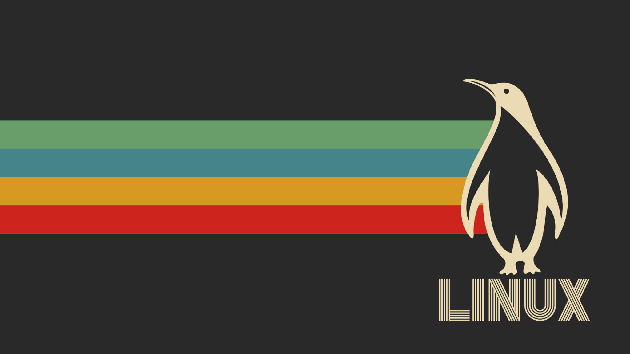 Linux 企鵝與彩虹背景 壁紙 — 一隻風格化的企鵝站在彩虹條紋和Linux字詞旁邊，背景為深色。