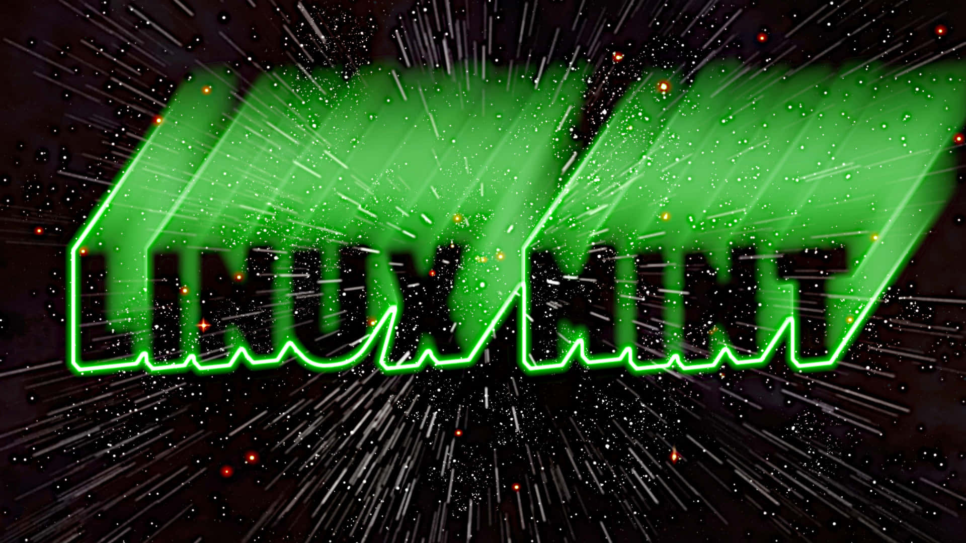 Linux 作業系統的世界 壁紙 — 大膽的綠色 Linux Mint 標誌在星空背景下發光，帶有光跡和宇宙粒子。