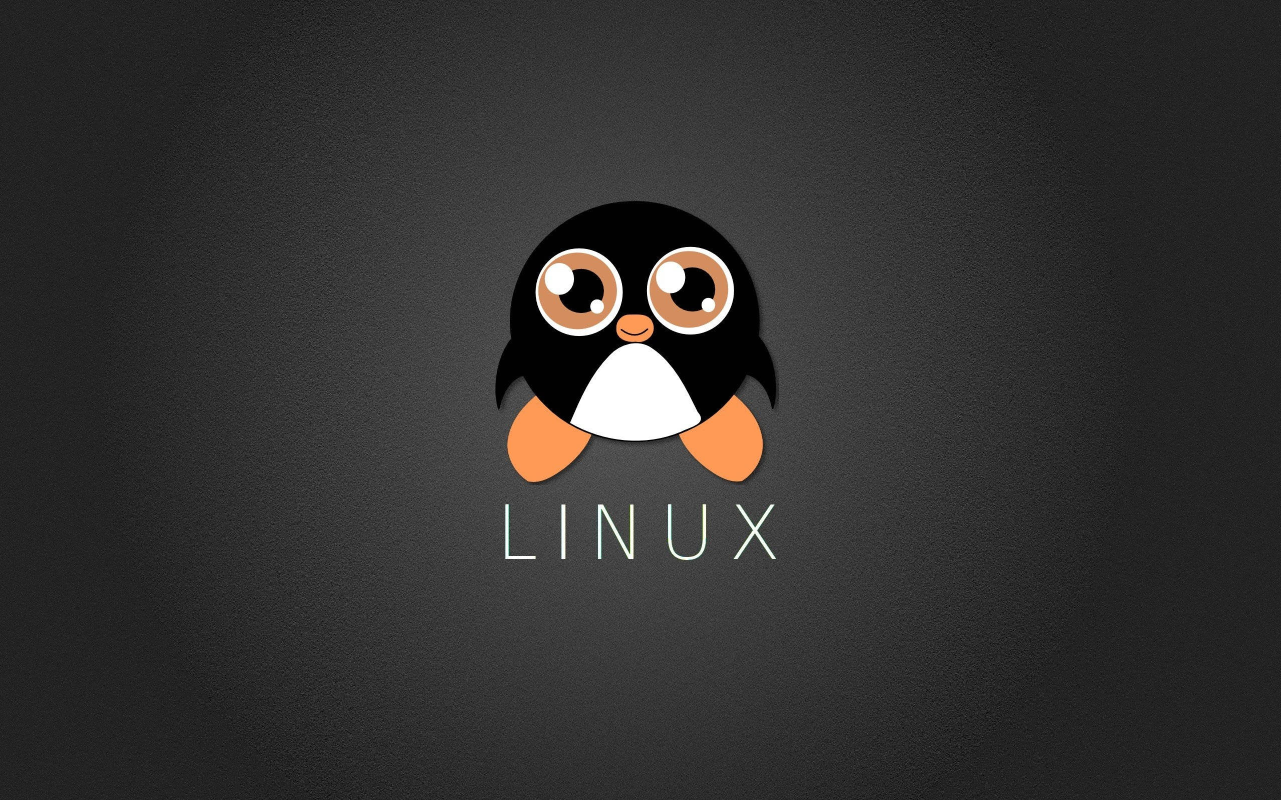 Linux 可愛卡通企鵝 壁紙 — 一隻可愛的卡通企鵝，有大眼睛和橙色腳，坐在深灰色漸變背景上Linux字樣的正上方。