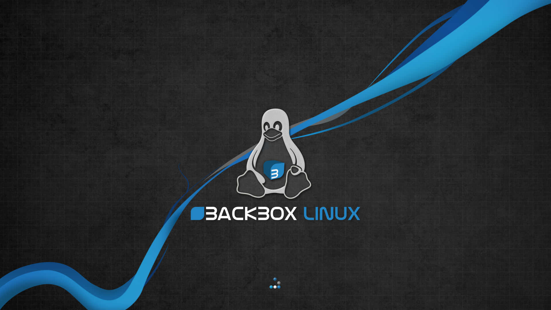 Linux 基礎桌面的美麗畫面 壁紙 — 一隻時尚的企鵝吉祥物，在帶有流動藍色條紋的深色紋理背景上，手持一個帶有數字三的藍色立方體。