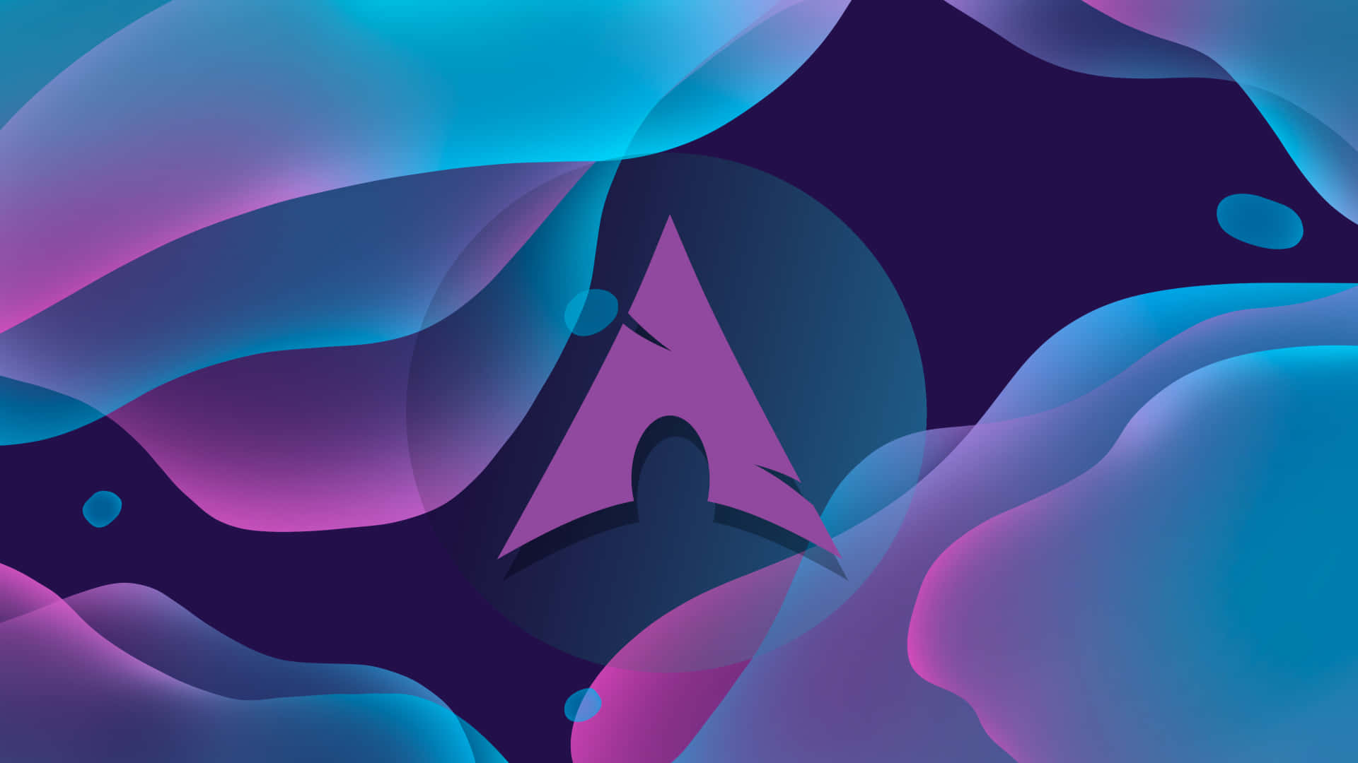 Linux 壁紙 — 一個風格化的紫色三角形標誌漂浮在藍色和洋紅色的流動漸變中，構成數碼抽象構圖。