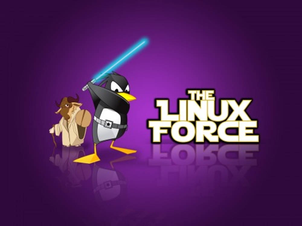 卡通企鵝手持光劍與公牛角色，旁邊有「The Linux Force」標誌，背景為紫色。