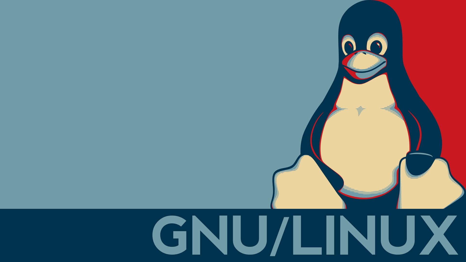 藍色和紅色背景的GNU/Linux企鵝吉祥物圖形。