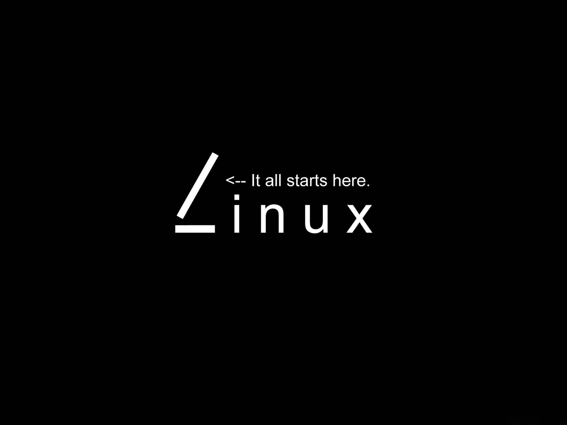 黑色背景上的白色 Linux 文字及「It all starts here.」字句。