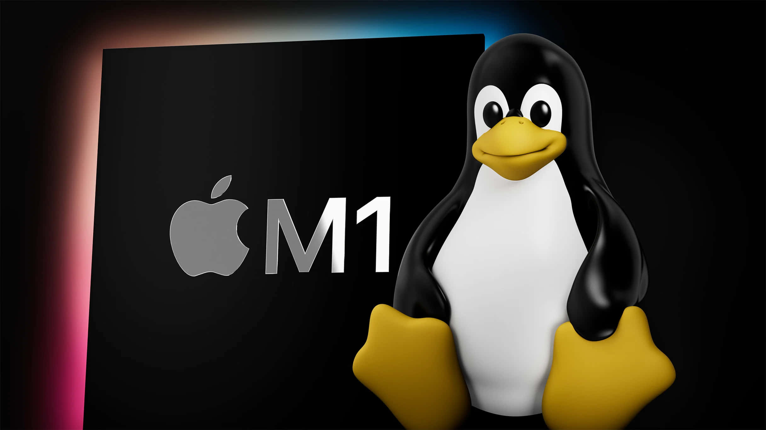 Linux 的革命性力量 壁紙 — 一個3D渲染的Linux企鵝吉祥物站在Apple M1晶片標誌旁邊，背景為深色漸變。