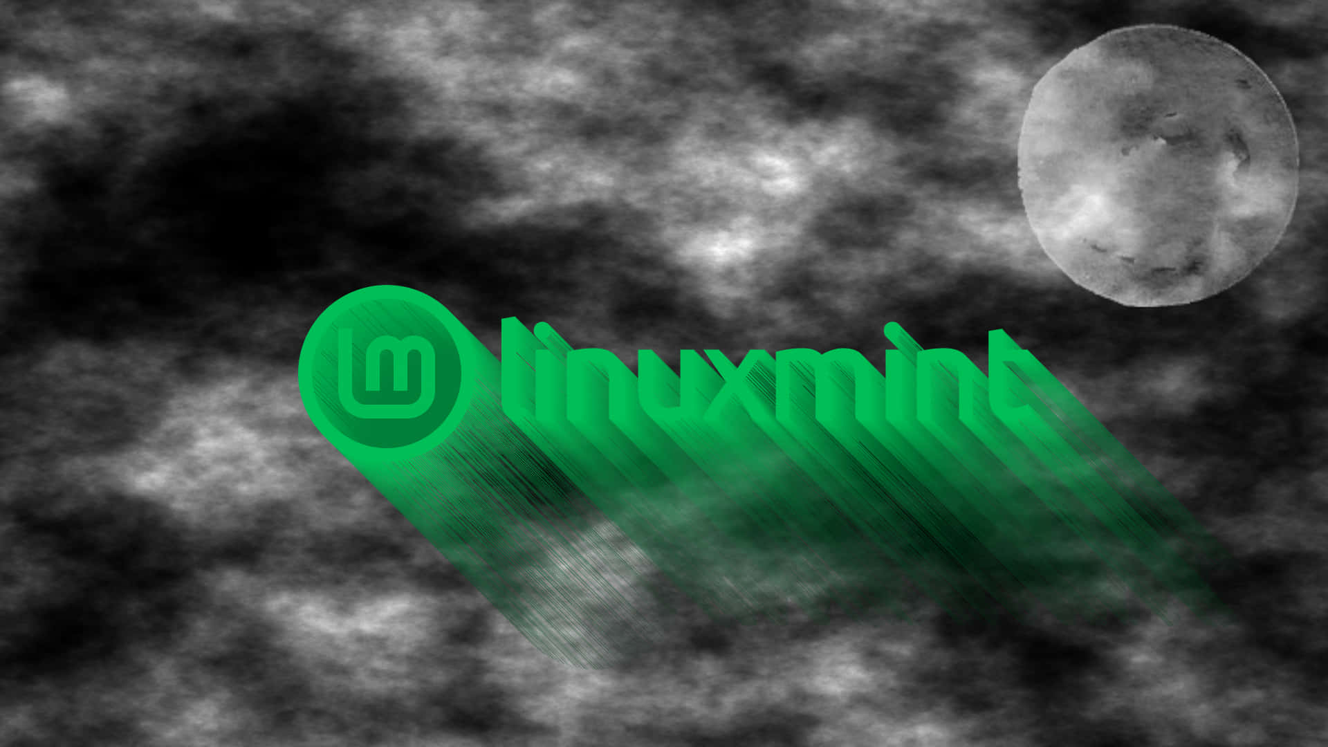 「Linux — 革命性的開放原始碼作業系統」 壁紙 — 充滿活力的綠色 Linux Mint 標誌劃過陰沉的灰階天空，角落有詳細的月亮。