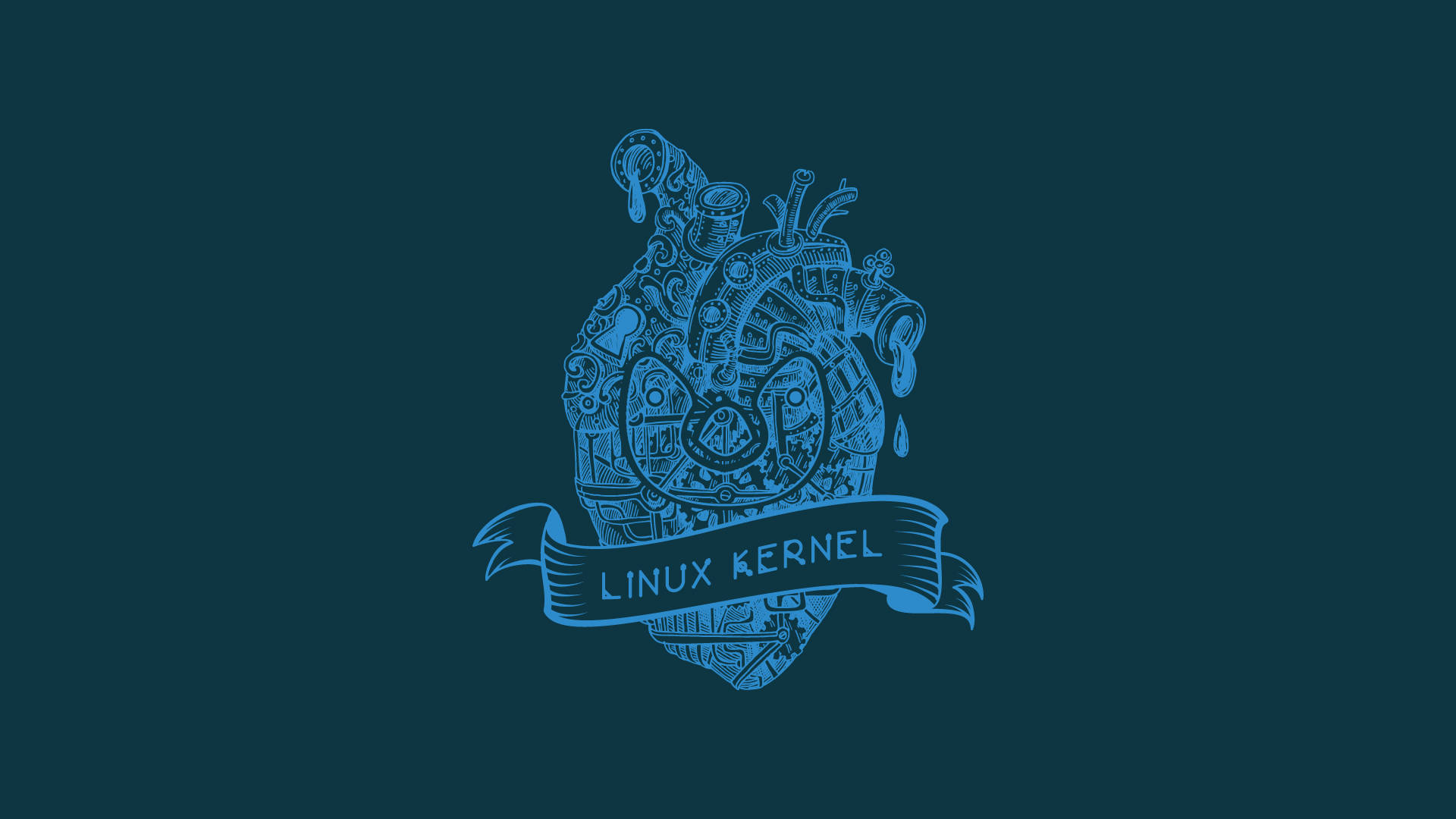 藍色 Linux 核心標誌，在深青色背景上帶有電路設計。