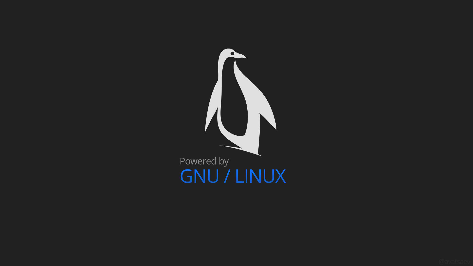 白色企鵝標誌，帶有「Powered by GNU / LINUX」文字，背景為深灰色。