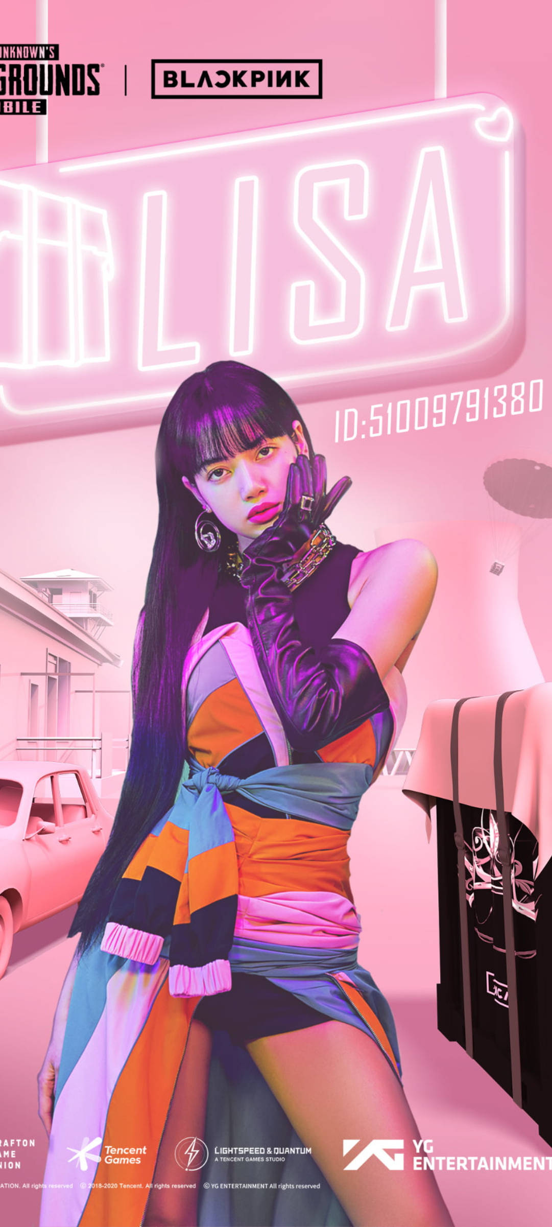 Lisa穿著色彩繽紛的服裝，在帶有遊戲標誌的粉紅色霓虹燈城市環境中擺姿勢。