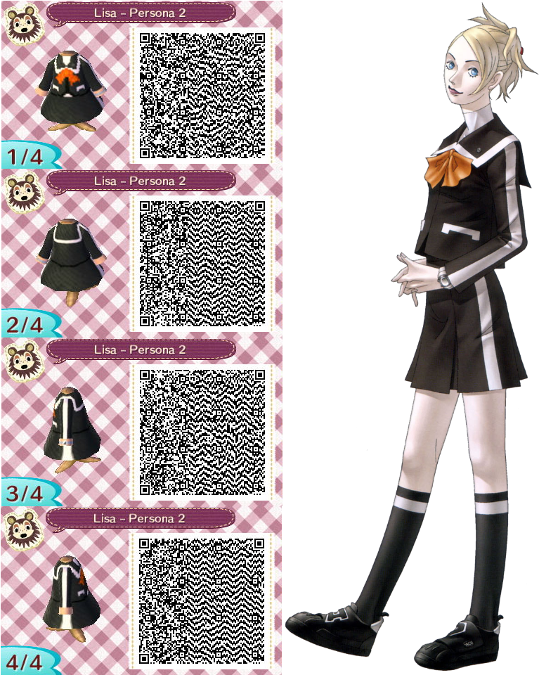 動物森友會 Lisa Persona 2 服裝 QR 碼 壁紙 — 來自《女神異聞錄2》的動畫女孩Lisa穿著帶橙色蝴蝶結的校服，站在粉紅色格子背景上的QR碼服裝指南旁。