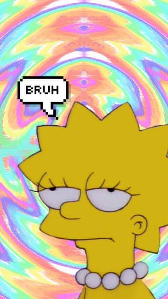 Lisa Simpson 的「Bruh」反應壁紙 壁紙 — Lisa Simpson 帶著無聊的表情，背景是迷幻的彩虹漩渦，還有一個像素化的「BRUH」對話氣泡。
