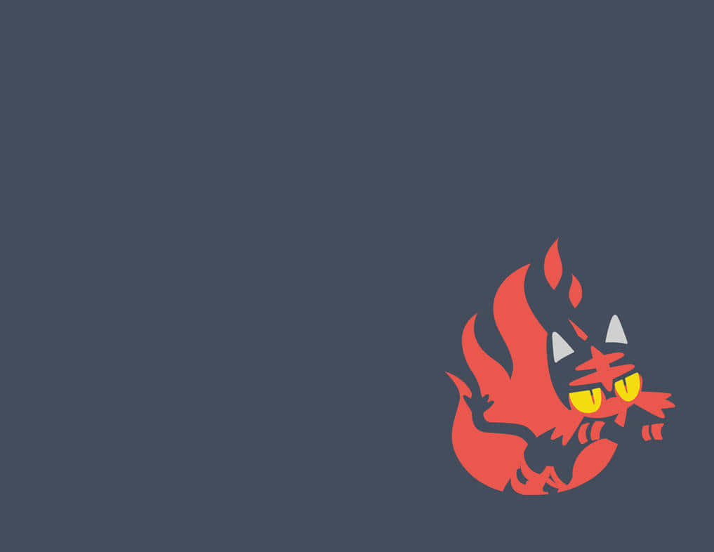 Litten 火焰圖形 壁紙 — 一隻風格化的紅色火焰貓，有著黃色眼睛和白色角，警覺地坐在深灰色背景上。