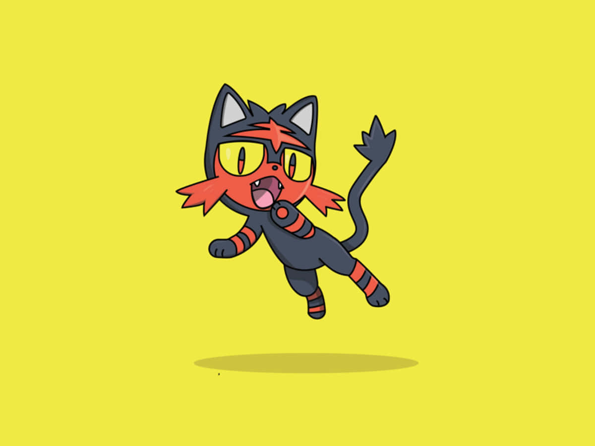 Litten 在黃色背景上跳躍 壁紙 — 一隻紅黑毛嘅卡通貓狀生物喺明亮黃色背景上快樂咁跳躍。