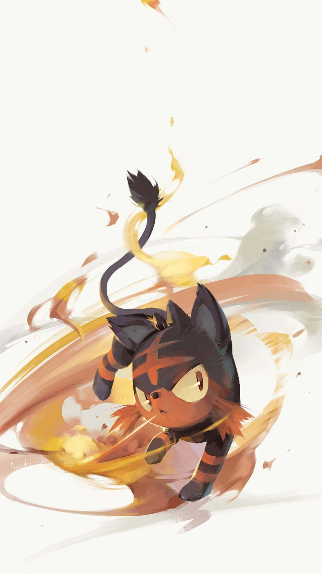 Litten 燃燒煙火圖案 壁紙 — 一隻火熱的橙黑色貓咪生物在柔和的白色背景上，以動態的動作線條和發光的眼睛向前衝刺。