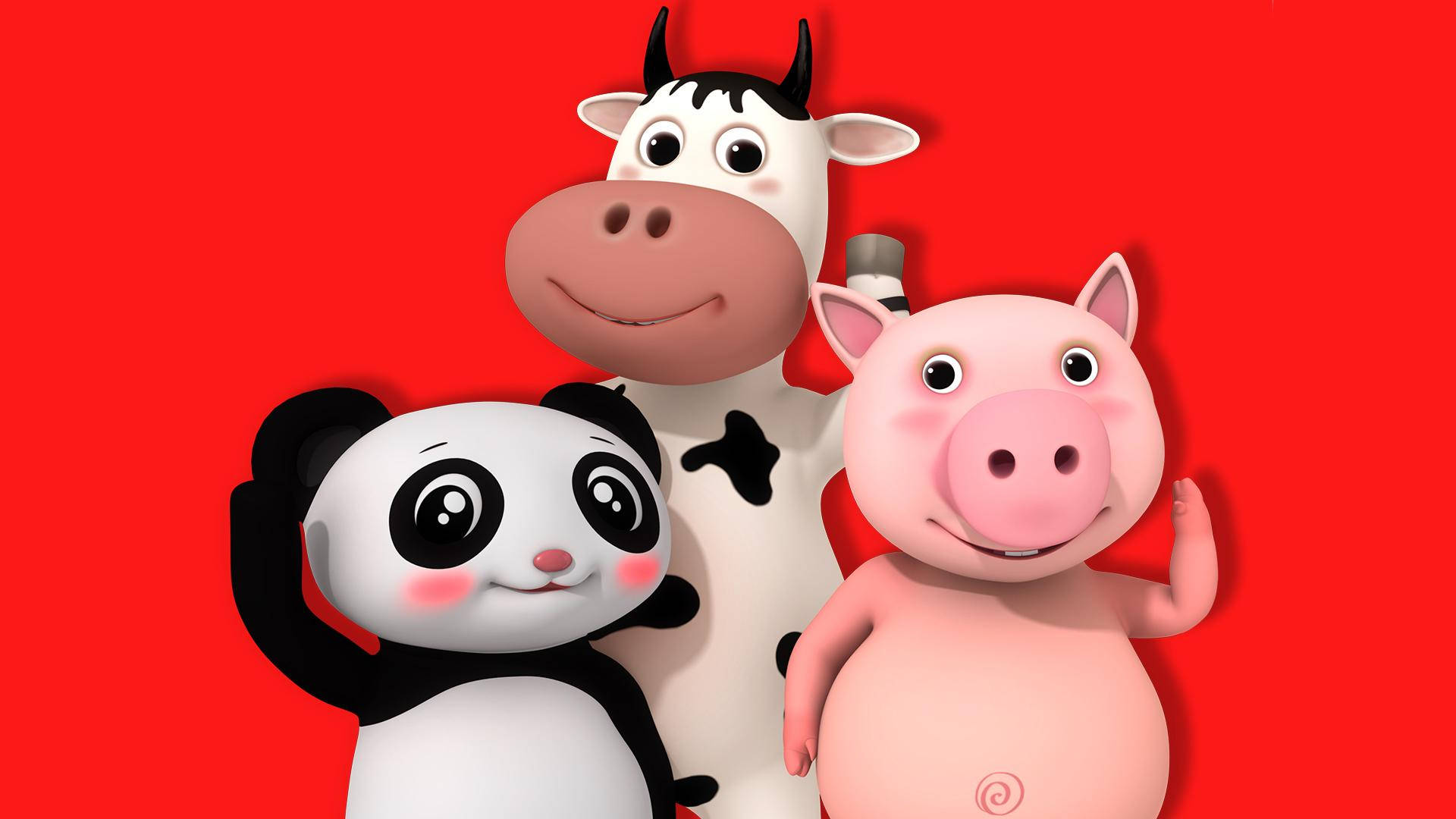 Little Baby Bum 可愛動物 壁紙 — 三隻快樂的卡通動物，一隻熊貓、牛和豬，在鮮豔的紅色背景前開心地揮手。