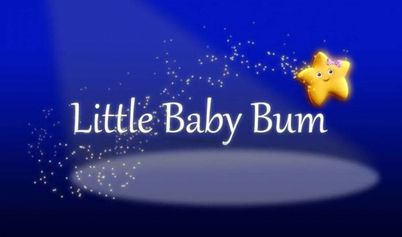 一顆帶著蝴蝶結的微笑黃色星星，旁邊是文字「Little Baby Bum」，背景是藍色並帶有閃光。