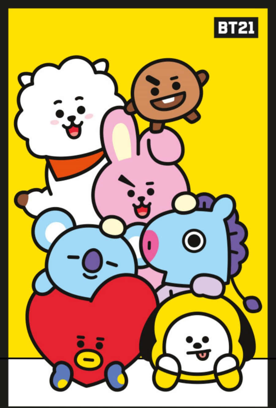 六個BT21卡通角色在黃色背景上微笑並一起擺姿勢。