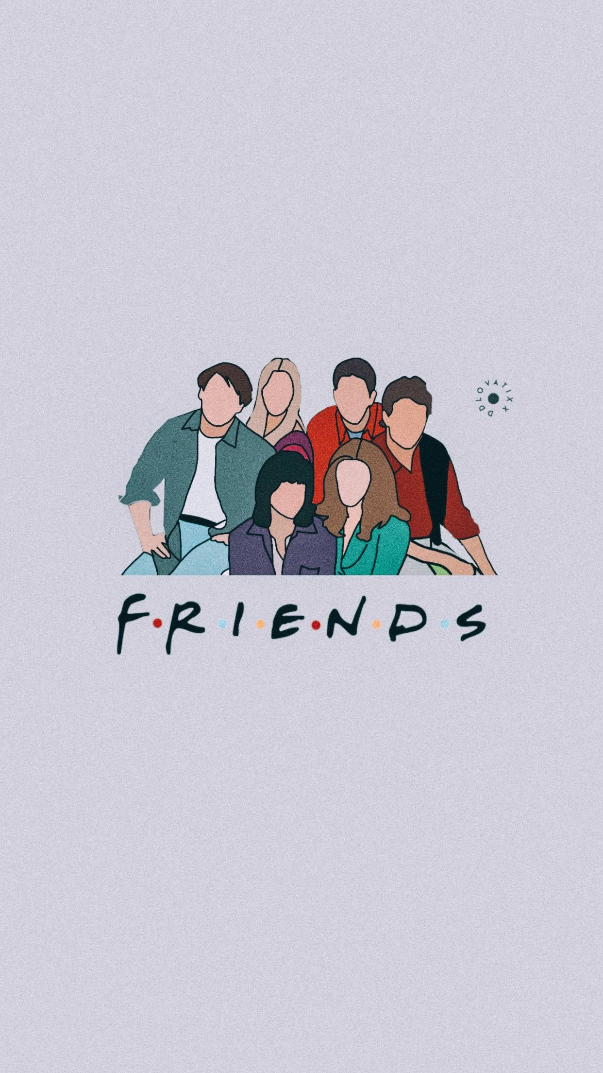 六個插圖電視節目角色坐在一起，下方有FRIENDS字樣。