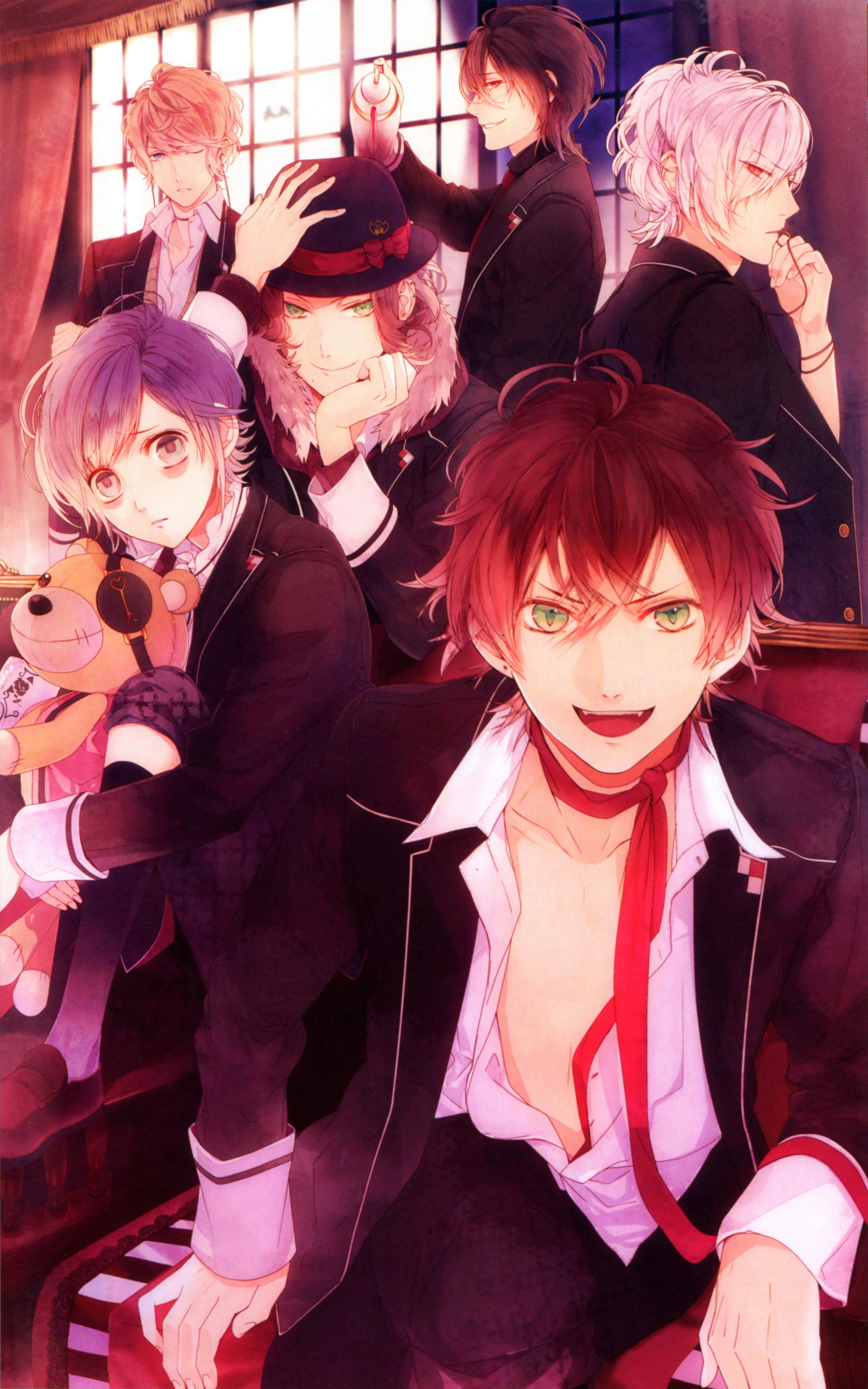 Ayato Sakamaki 桌布 壁紙 — 六個動畫男孩穿著正式服裝，在一個有大型窗戶和窗簾的溫暖照明房間裡俏皮地擺姿勢。