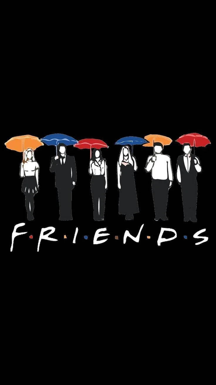 六個插圖角色手持彩色雨傘，下方有FRIENDS標誌。