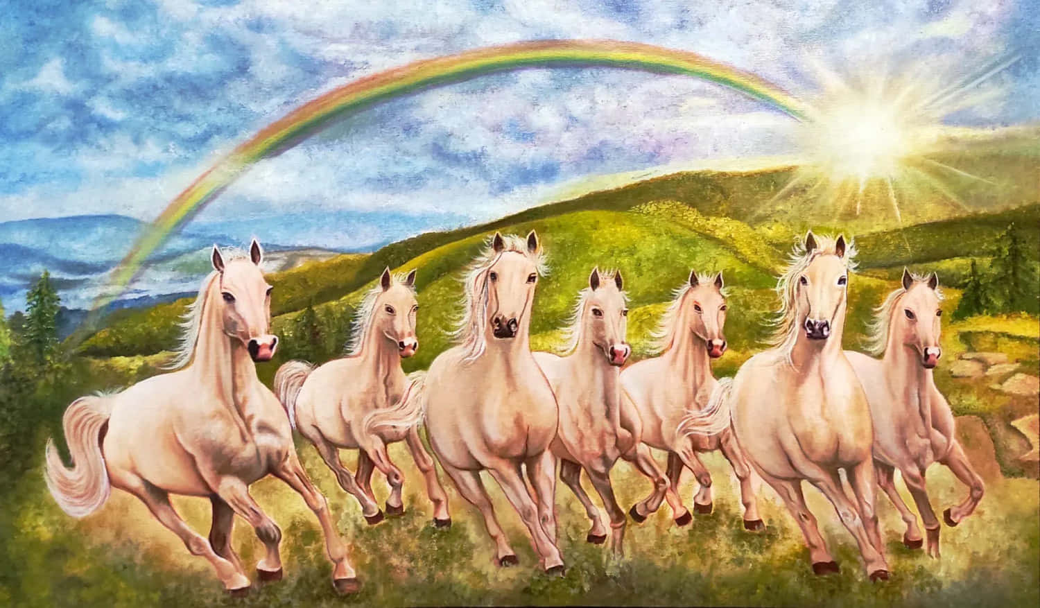  壁紙 — 六匹白馬在陽光照耀的山坡上奔馳，一道鮮豔的彩虹橫跨遠山。