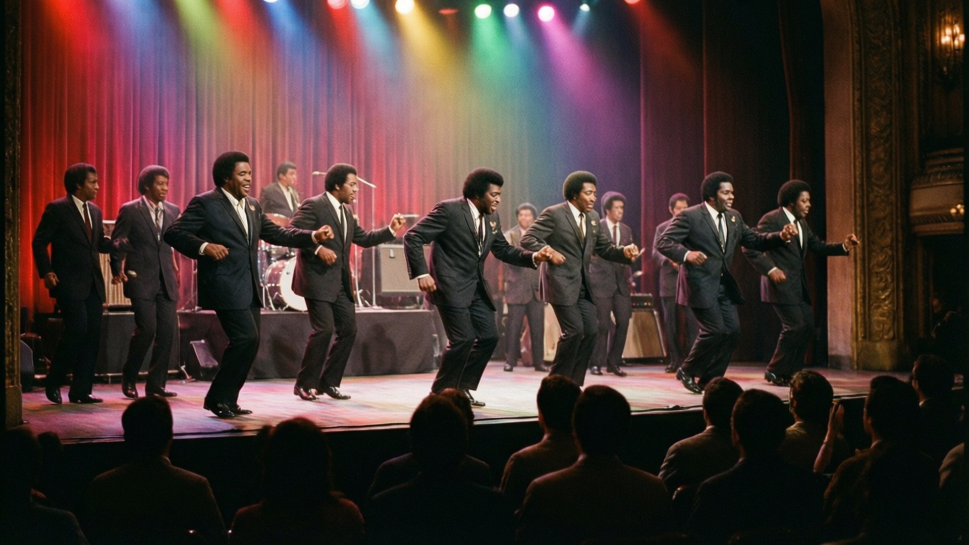 Male dance group in suits performing under colorful stage lights. 壁紙