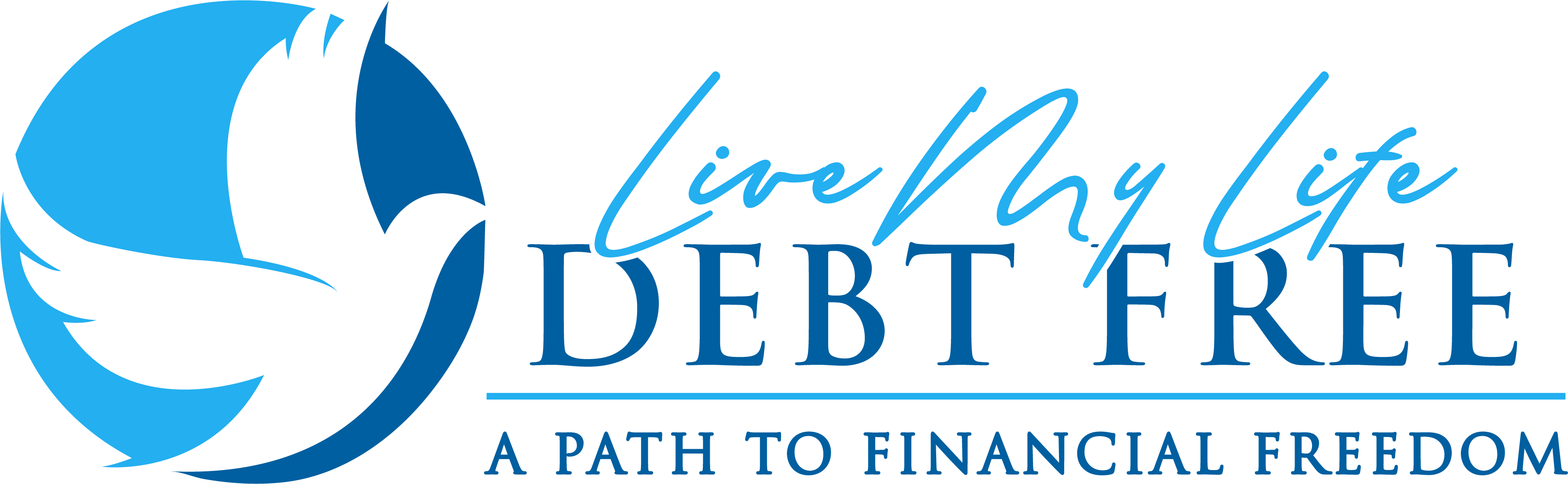 Live My Life Debt Free 標誌 壁紙 — 一個藍白鴿子標誌，帶有草書文字「Live My Life DEBT FREE」和標語「A PATH TO FINANCIAL FREEDOM」。
