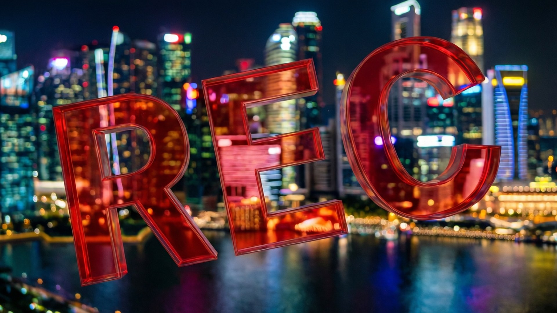 紅色REC字母在夜間發光的城市天際線上方，帶有水中的倒影。