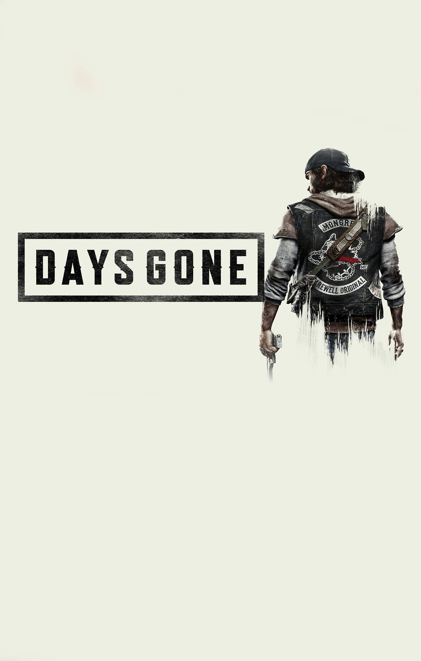 Live to Ride Another Day 壁紙 — 一張粗獷的電玩海報顯示一個穿著皮背心的男人拿著槍，背景蒼白，標題為Days Gone。