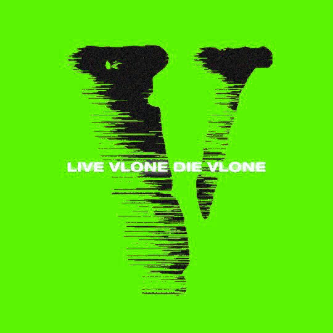 霓虹綠色Live Vlone Die Vlone頭像 壁紙 — 一個大膽的黑色風格化V，帶有故障線條，在充滿活力的綠色背景上，白色文字寫著live vlone die vlone。