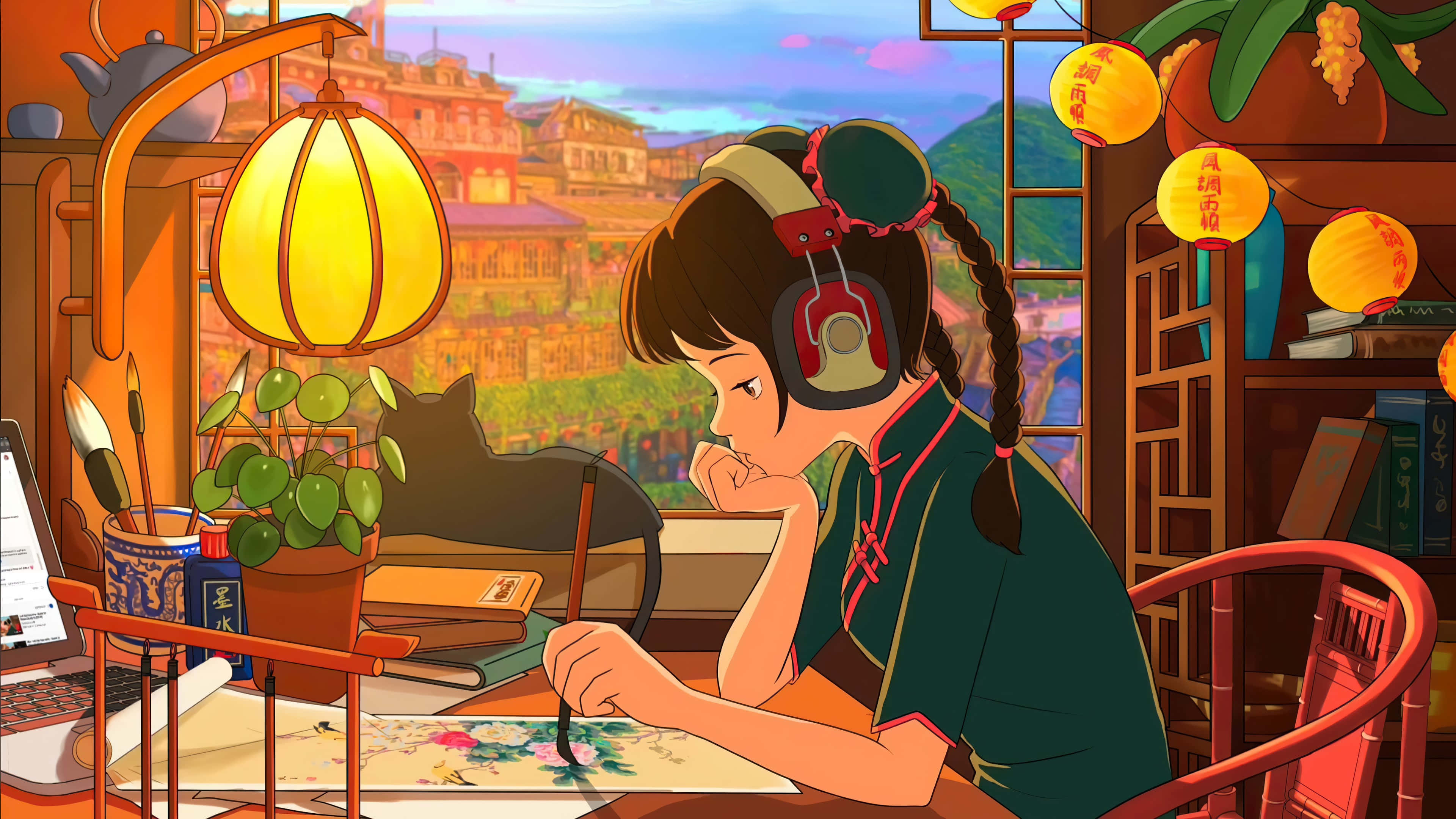 Lo-Fi 動漫 Chill 女孩畫花 壁紙 — 一位穿著傳統服飾的小女孩在溫暖照明的房間裡，在掛著燈籠和貓咪附近的木桌上專注地畫花。