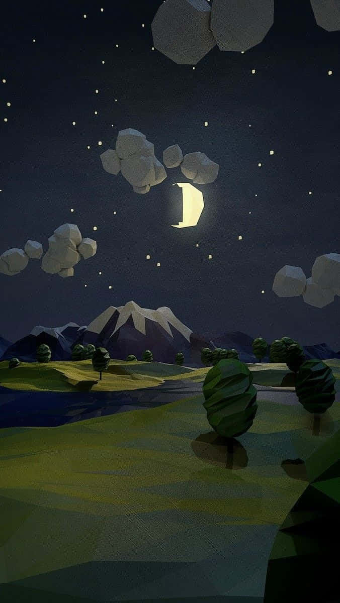 山景夜色Lo-Fi藝術 壁紙 — 一個低多邊形風格的夜景，新月在積雪的山峰和幾何樹木上方閃耀，星空璀璨。