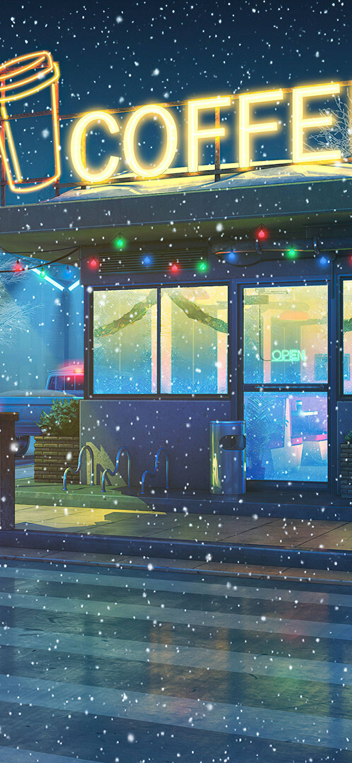 Lo Fi iPhone 冬季 壁紙 — 一間舒適的咖啡店，在夜晚飄雪下閃爍著霓虹燈光。