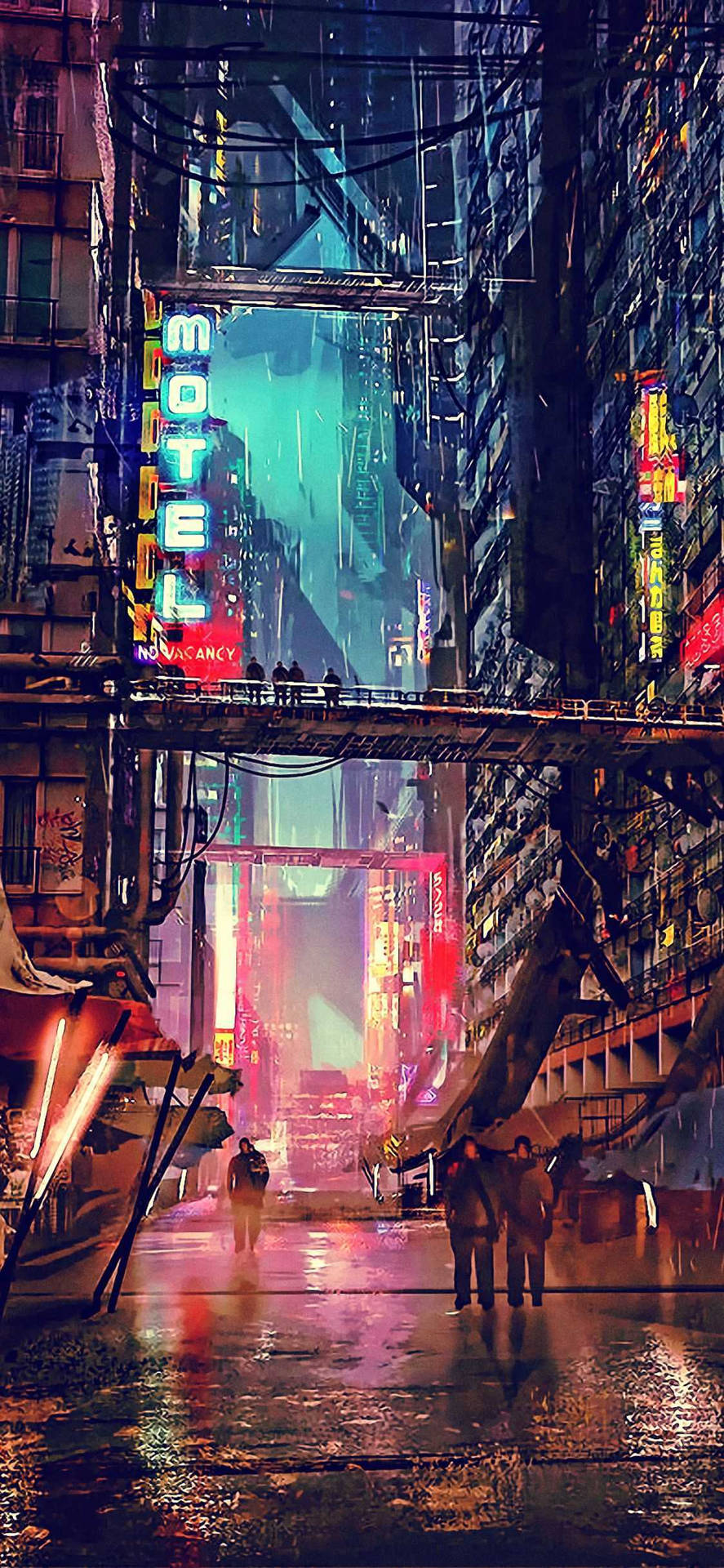 賽博龐克城市小巷，霓虹燈光在濕漉漉的路面上閃爍倒映。
