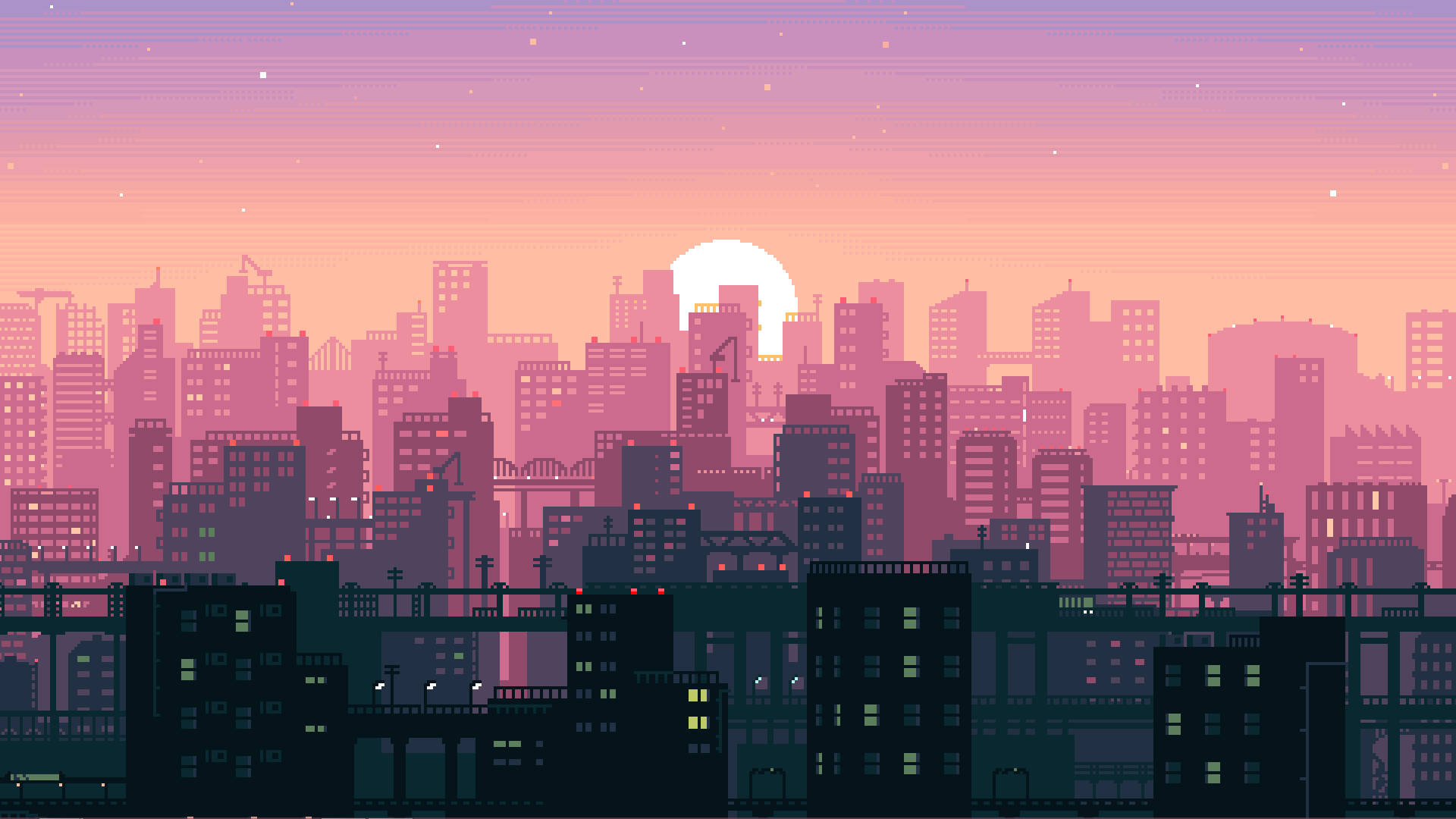 像素風 Lo Fi 城市 壁紙 — 像素藝術城市天際線在日落時分，帶有發光的窗戶和柔和的粉橙色漸變天空。