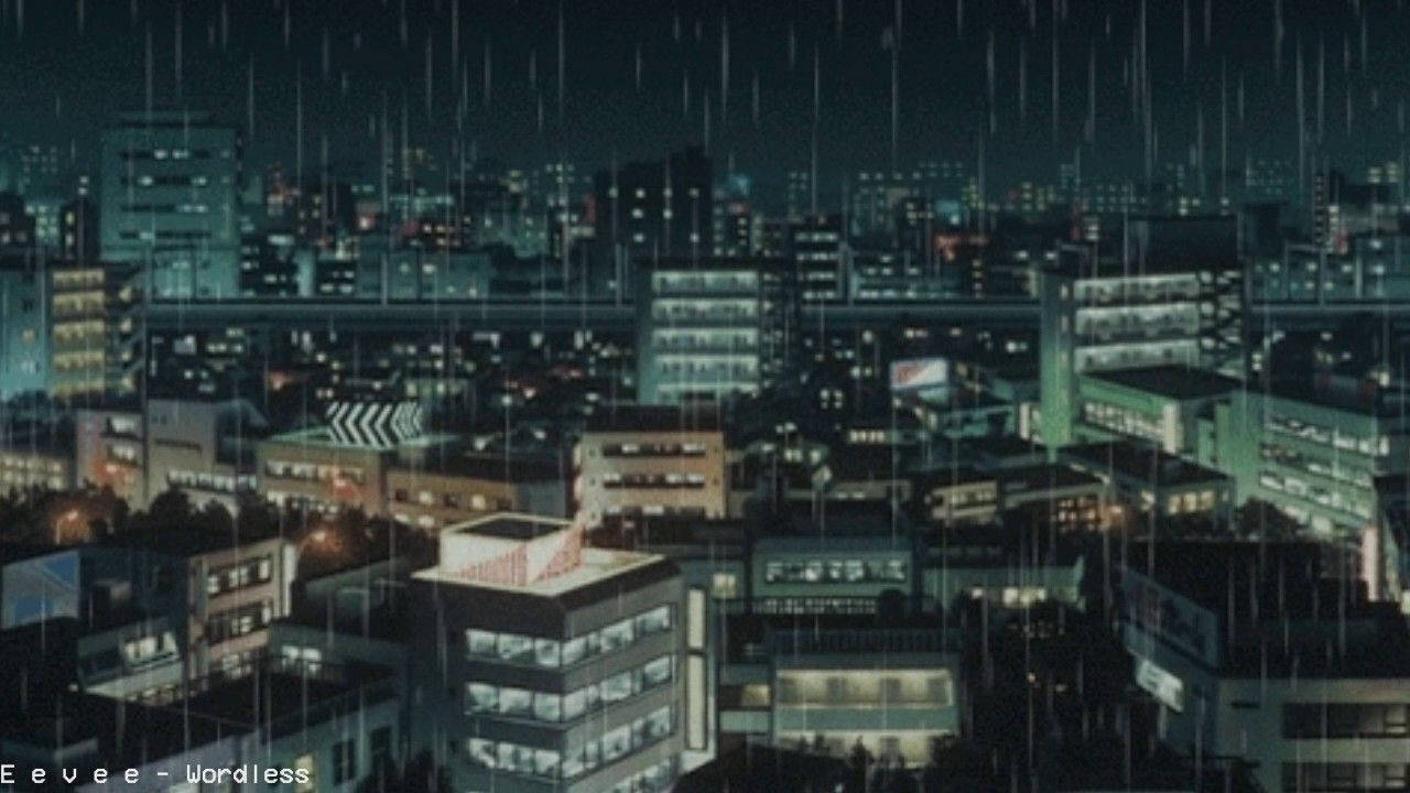 雨夜Lo-Fi城市 壁紙 — 雨點劃過霓虹燈照亮嘅夜景城市，窗戶同高樓大廈閃閃發光。