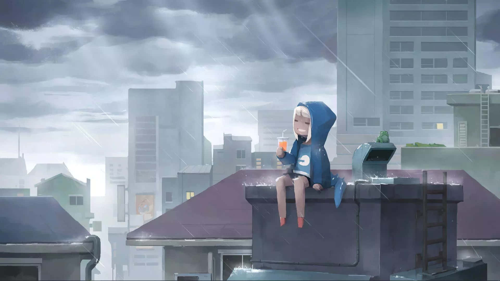 Lo-Fi 動漫 Chill 女孩在天台喝橙汁 壁紙 — 一個孤獨的動漫女孩穿著藍色連帽雨衣坐在屋頂上，拿著飲料，雨水落在灰色的城市景觀上。