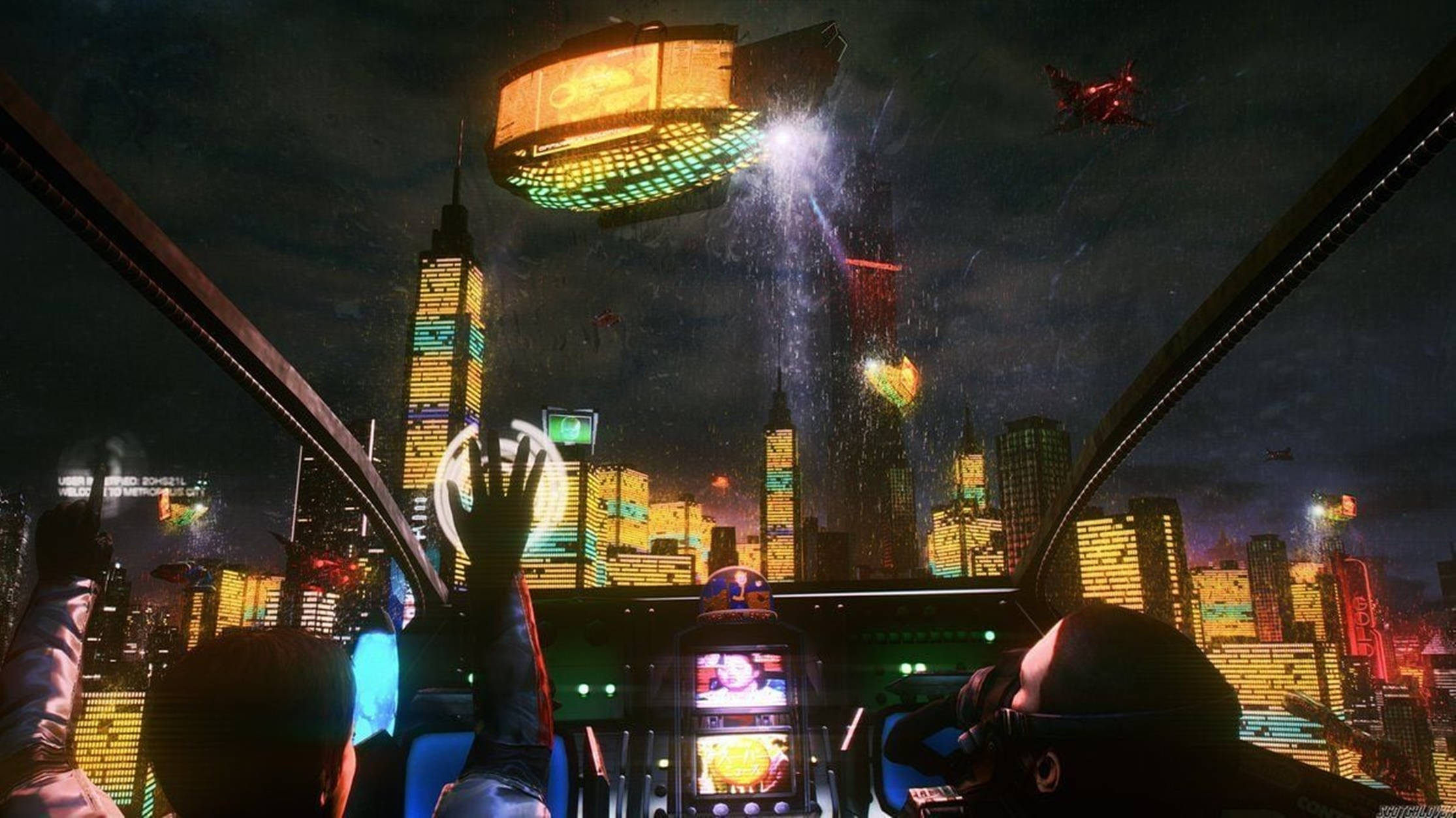 Lo-Fi 動漫飛行汽車 壁紙 — 從駕駛艙觀看的未來城市夜景，發光的霓虹塔和飛行車輛在黑暗的天空下。