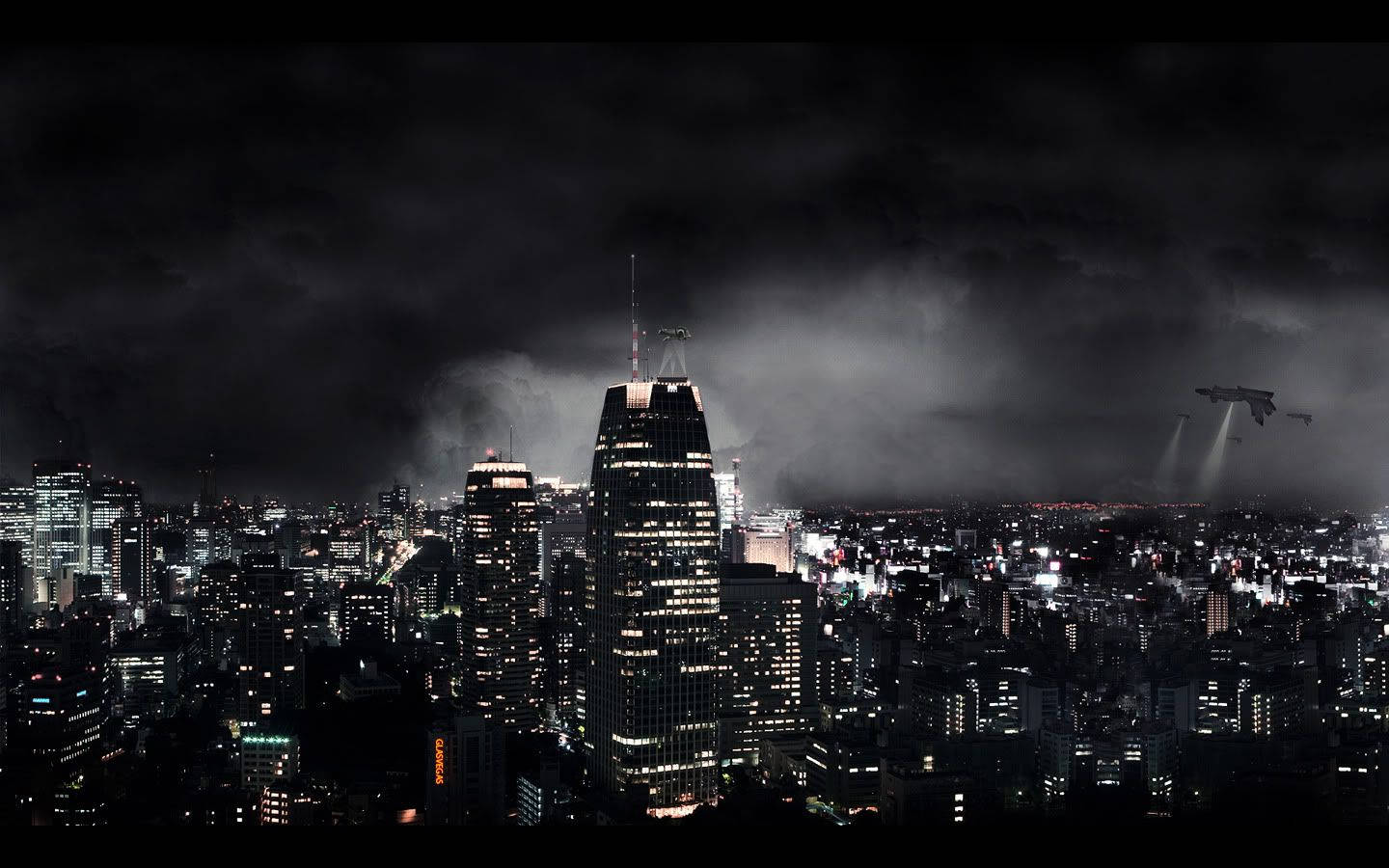 未來城市夜景，飛行車輛在暴風雲下。
