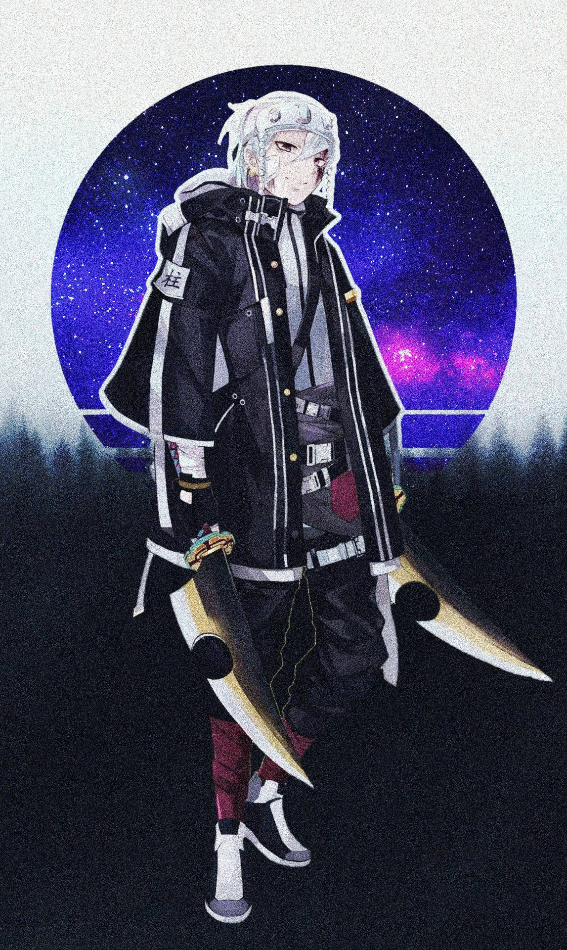 銀髮雙劍的動漫角色站在宇宙星雲前。