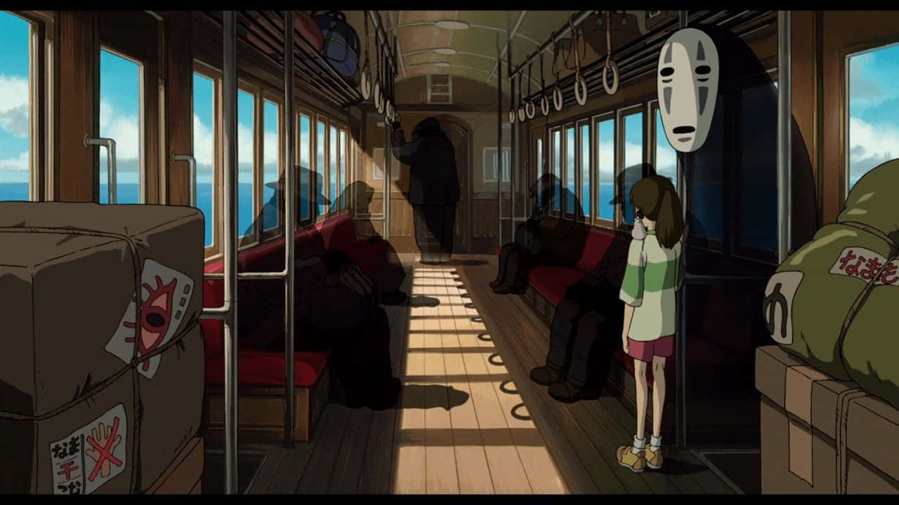 女孩和精靈在火車上欣賞日落時分的海洋