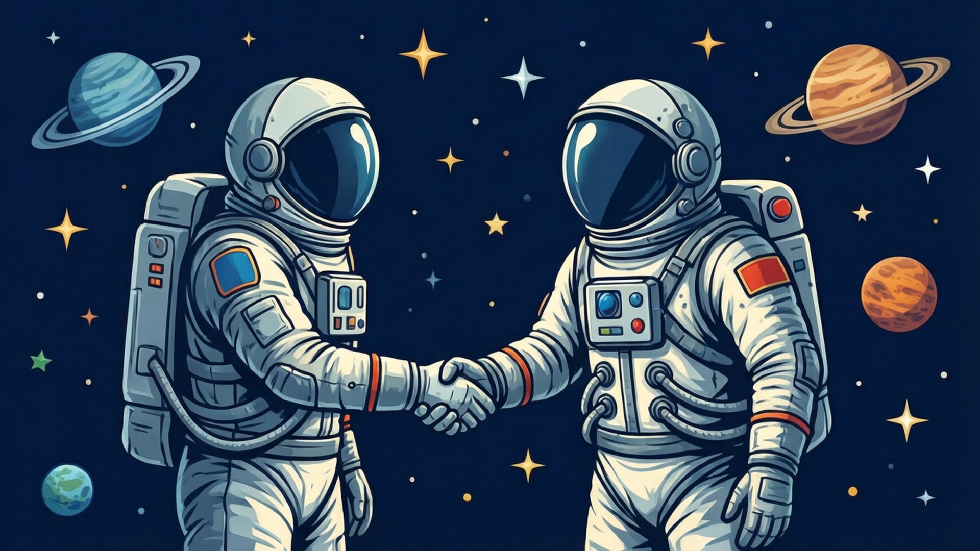 兩名太空人在太空中握手，身後有行星和星星。