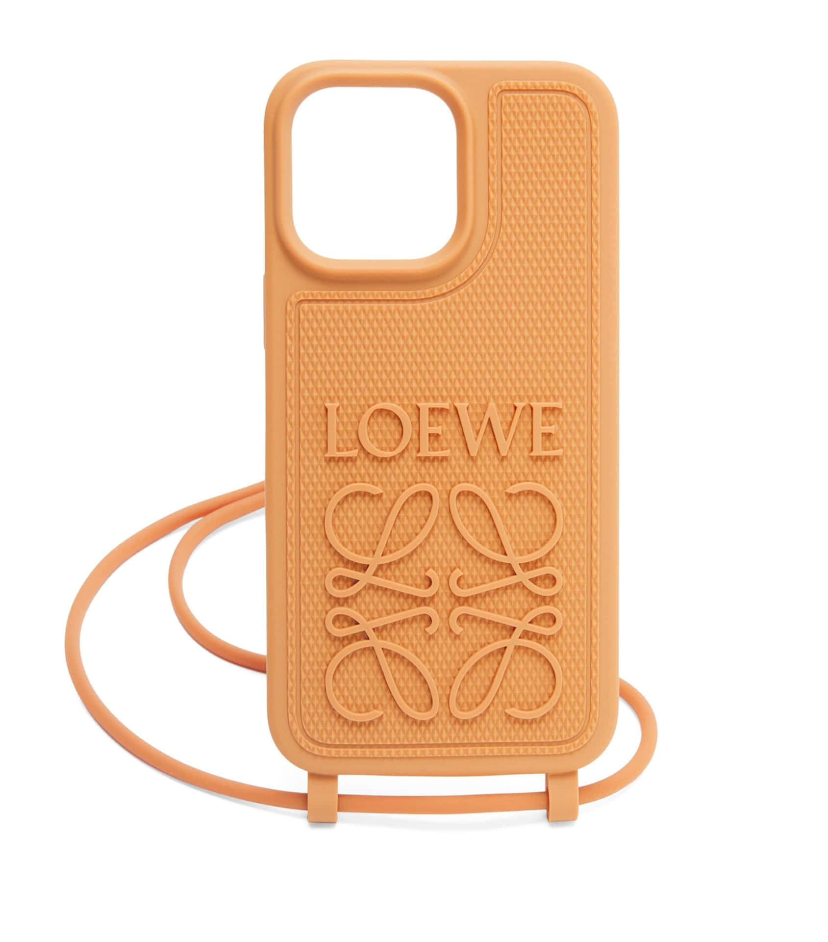 棕褐色LOEWE手機殼，帶有標誌和肩帶，置於白色背景上。