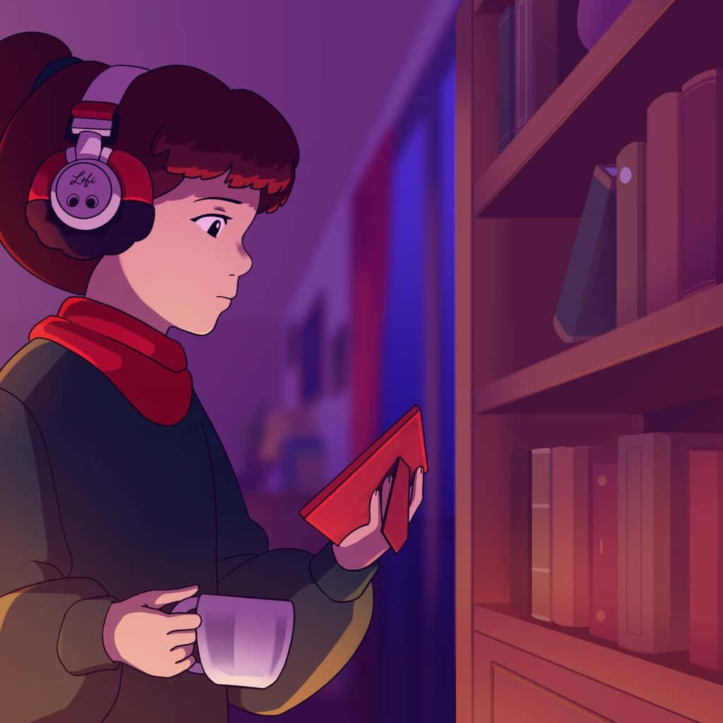 Lofi Girl 閱讀與咖啡 壁紙 — 一個戴著耳機和圍巾的年輕女孩，在舒適的紫色燈光房間裡，拿著一個馬克杯和一本書，旁邊是一個木架。