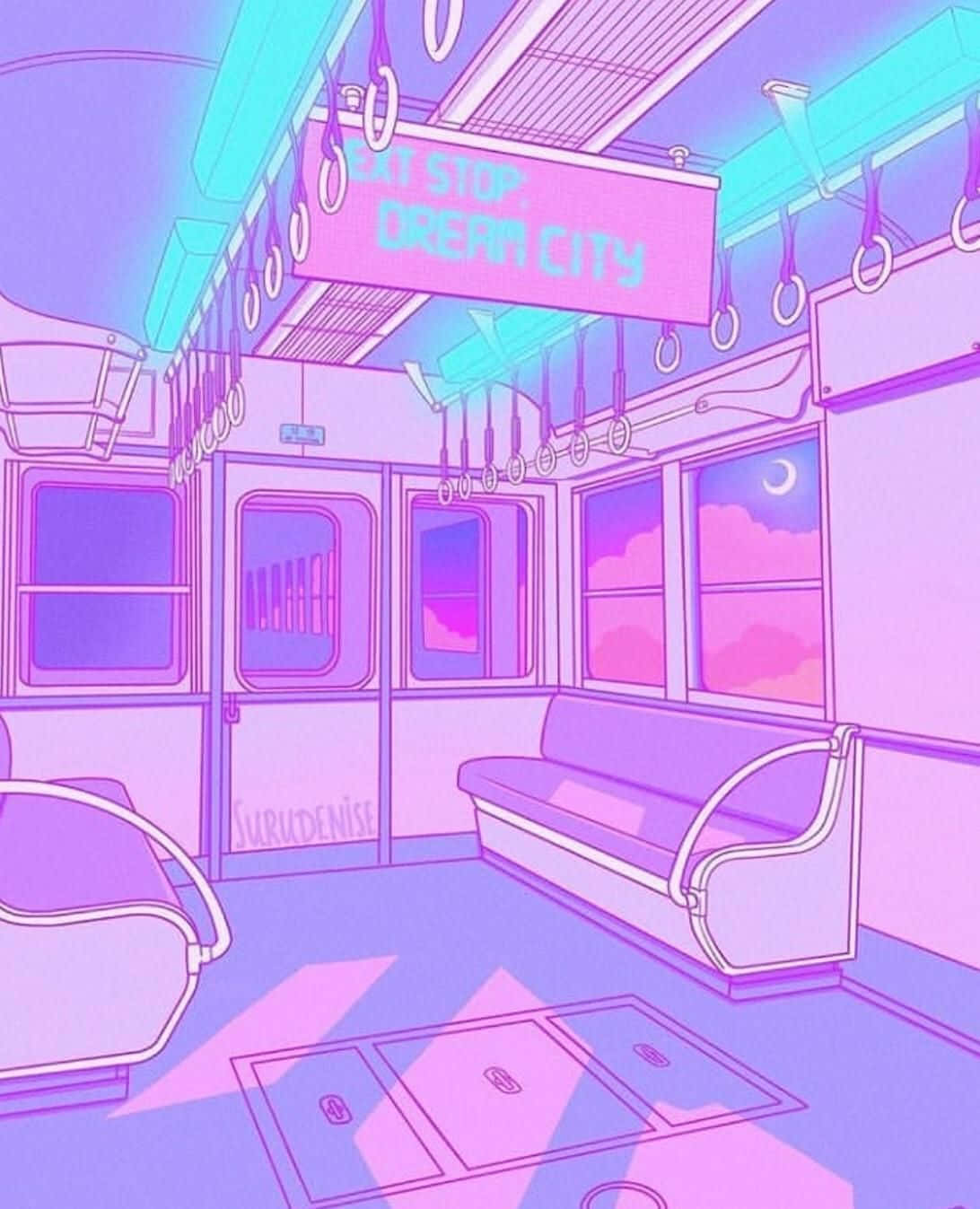 LoFi火車內部動漫風背景 壁紙 — 以螢光粉紅和青色繪製的地鐵車廂內部，車窗可見「NEXT STOP DREAM CITY」標誌和彎月。