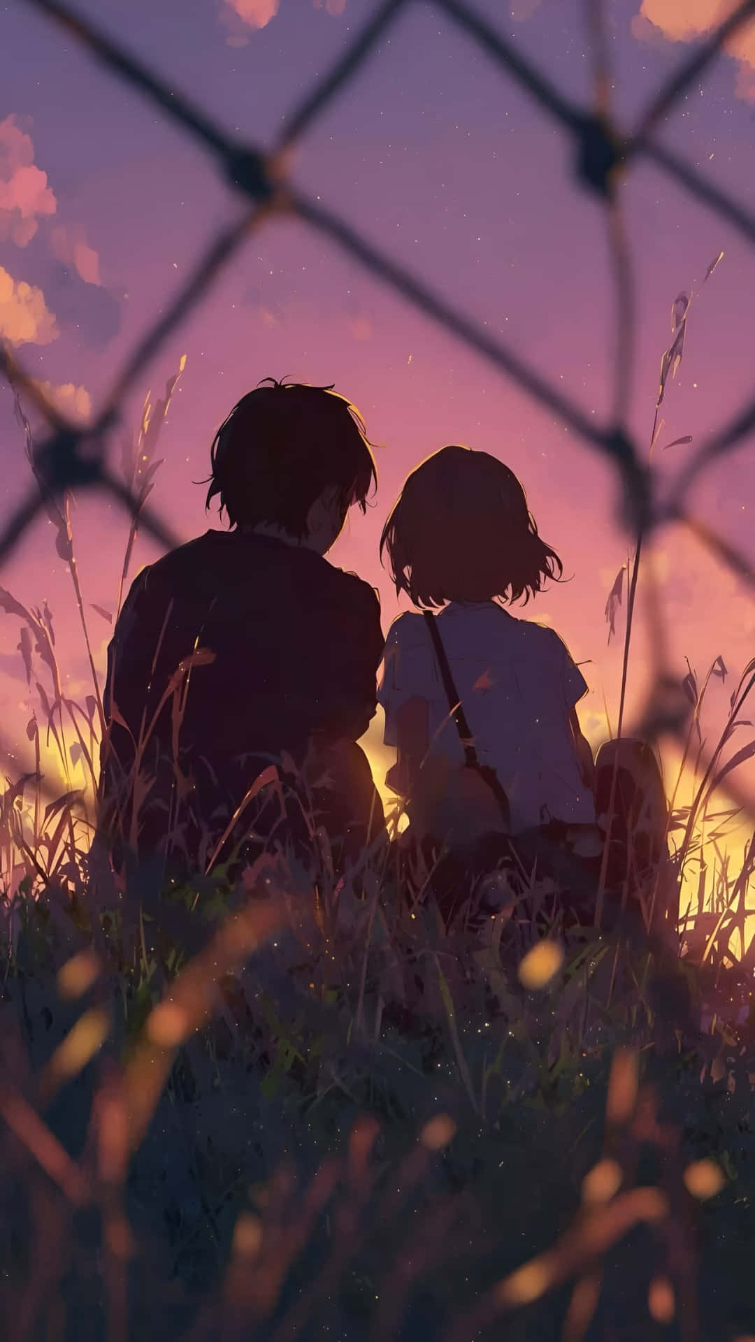 LoFi 愛意夕陽時刻 壁紙 — 兩個孩子一起坐在高高的草叢中，透過鐵絲網圍欄觀看充滿活力的日落。