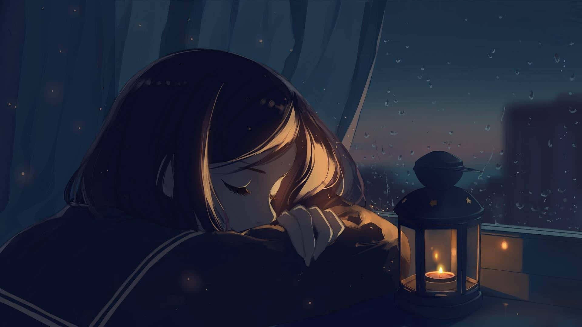 LoFi氛圍動漫頭像美學 壁紙 — 一個年輕的動漫女孩在夜晚靠著被雨水打濕的窗戶，將頭枕在手臂上休息，旁邊有一盞發光的燈籠。