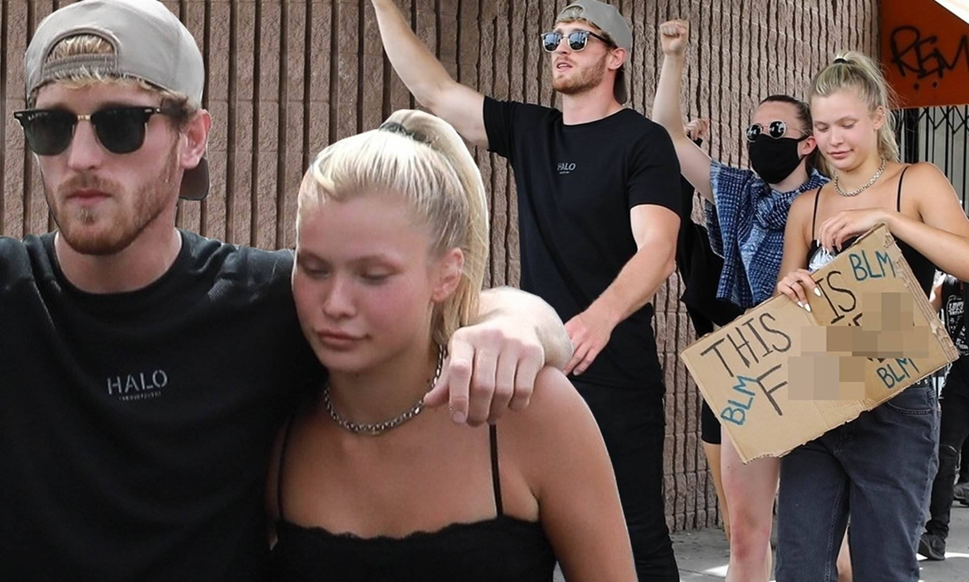 Logan Paul 支持黑人的命也是命運動 壁紙 — 年輕人在城市街道上抗議，手持標語。一名女子手持模糊的BLM標語，其他人則舉起拳頭以示團結。