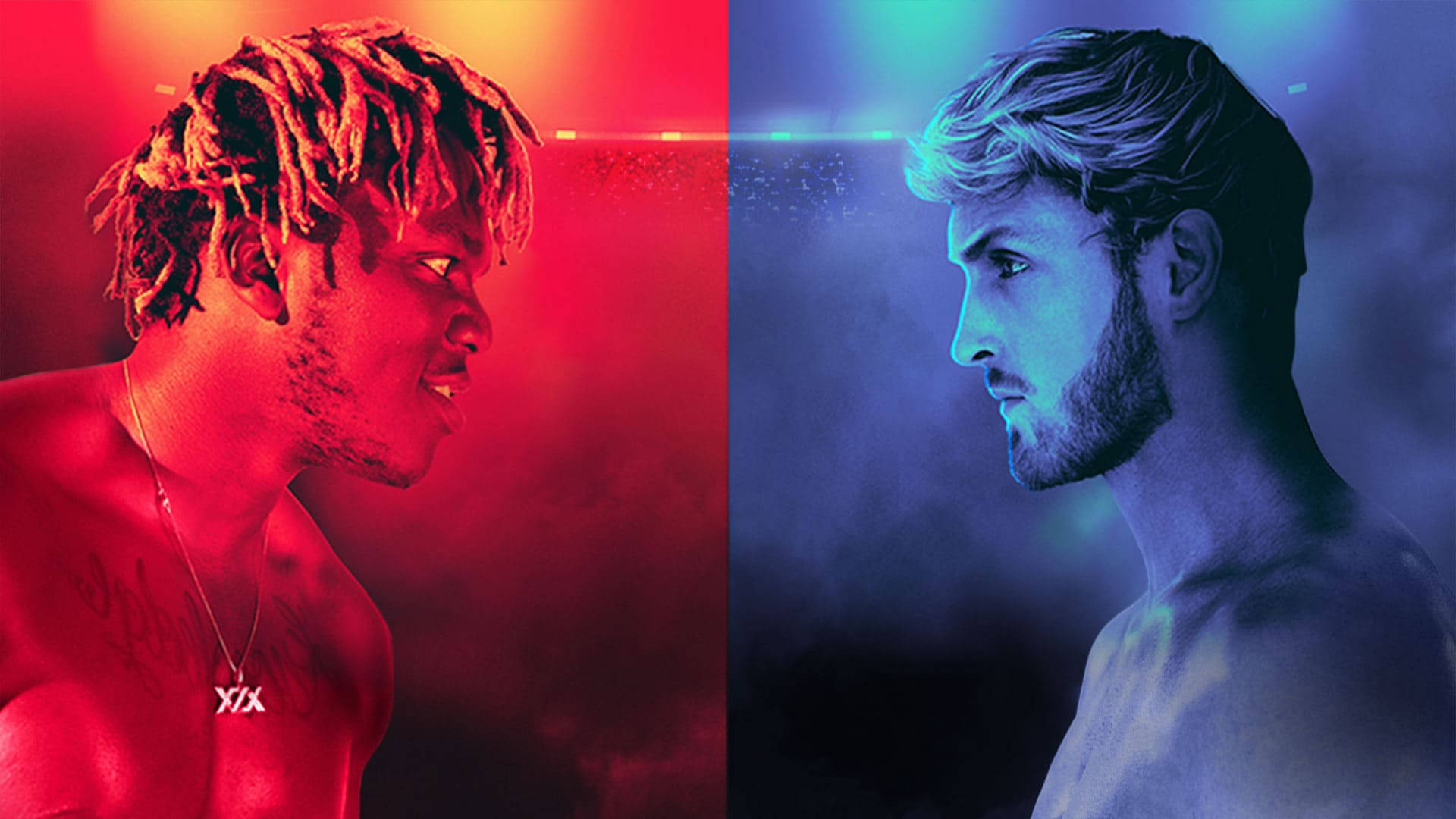 Logan Paul 與 KSI 拳擊對決數位插畫 壁紙 — 兩個赤裸上身的男人在紅藍分區的霓虹燈場景中面對面，表情強烈。